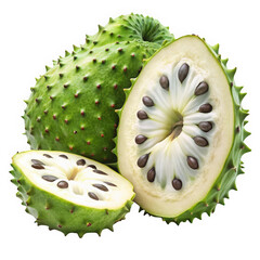 Close-up of a whole and sliced soursop fruit, showcasing its spiky green skin and creamy white interior filled with dark seeds.