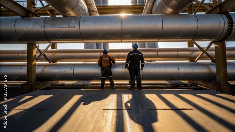 Poster Medium closeup of a large pipeline junction with workers shadows cast on the steel surface as they coordinate their efforts under bright work lights.