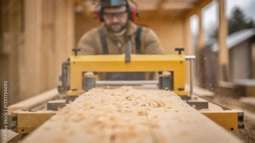 Poster medium closeup of a machine operator adjusting heavy machinery that s wooden beams with wood shaving