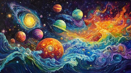 Cosmic art scene depicting vibrant planetary formations intertwined with galactic waves