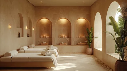 Printed roller blinds Spa relaxation area with calming ambiance and design