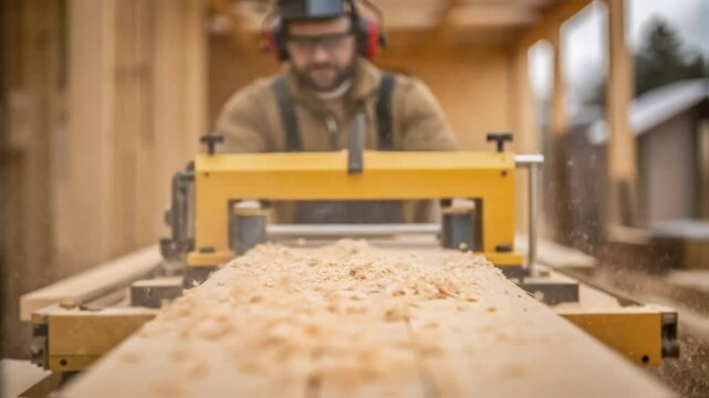 Medium closeup of a machine operator adjusting heavy machinery that s wooden beams with wood shavings tered around highlighting the industrial aspect of modular home construction.