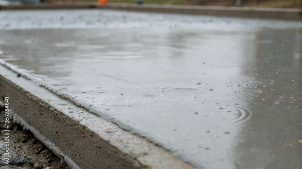 Poster Medium closeup of an horizontal view of freshly poured concrete settling the wet surface creating a ripple effect as small droplets of excess water escape on the edges.