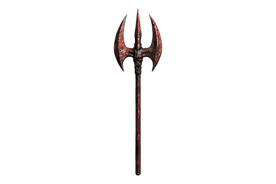 Devil demon satan red rustic trident pitchfork fork weapon Isolated on White and Transparent Background PNG Image.