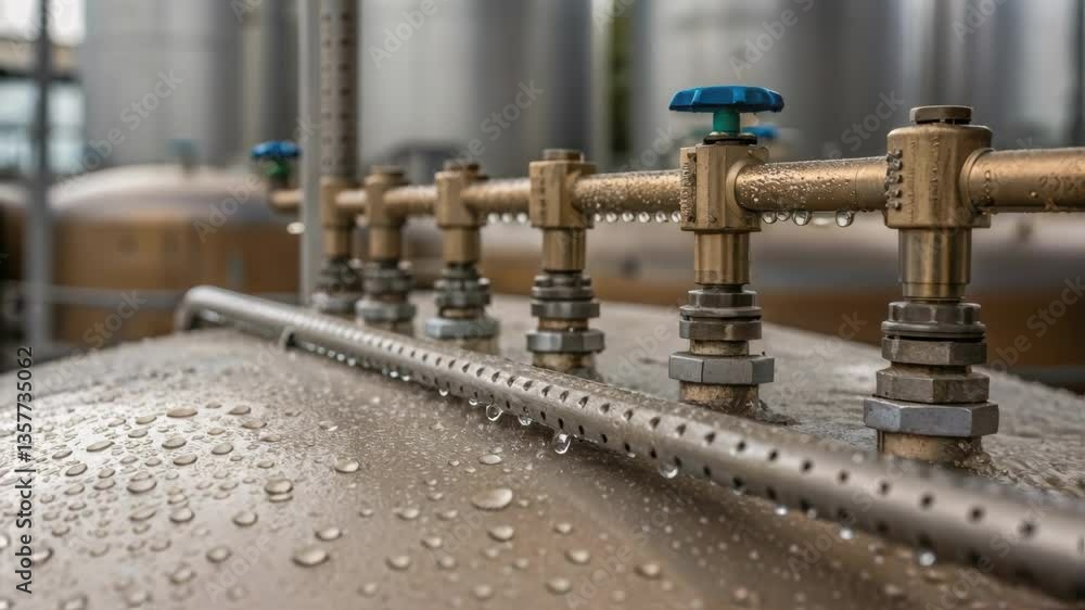 Poster medium closeup of a tanks overflow system featuring valves and pipes with small droplets of liquid i