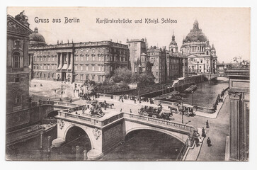 Fototapeta premium Greetings from Berlin – Kurfürstenbrücke and Royal Palace (Early 20th Century Postcard)