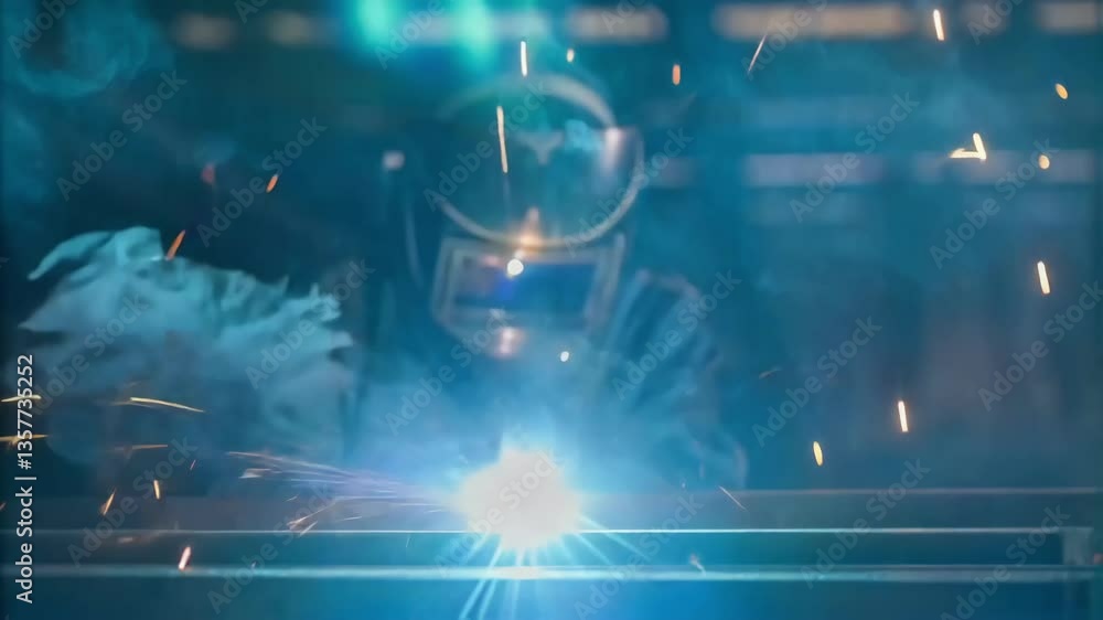 Poster medium closeup of a welding process in action showing the welders mask reflecting bright arcs of lig