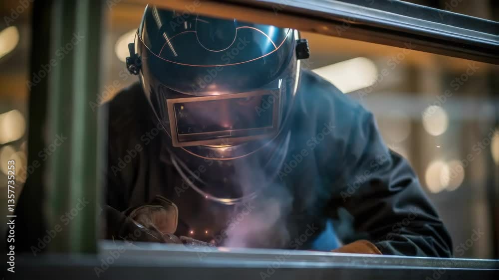 Poster medium closeup of a welder in a protective helmet focused intently on a seam of steel while reflecti
