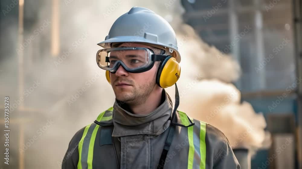 Poster medium closeup of a worker donning personal protective equipment adjusting a safety helmet and goggl
