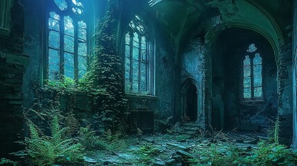 Fototapeta premium Sunlit, overgrown ruins of a gothic church interior