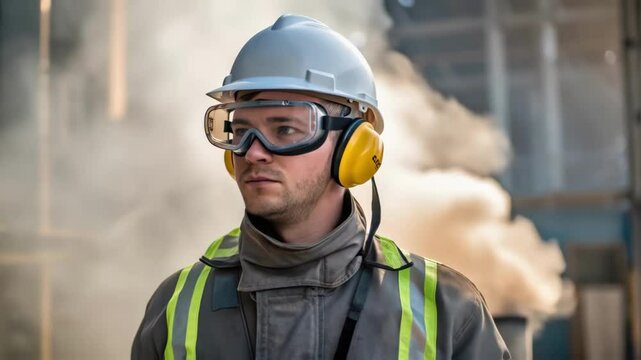 Medium closeup of a worker donning personal protective equipment adjusting a safety helmet and goggles while steam visibly hisses in the background reflecting the highpressure