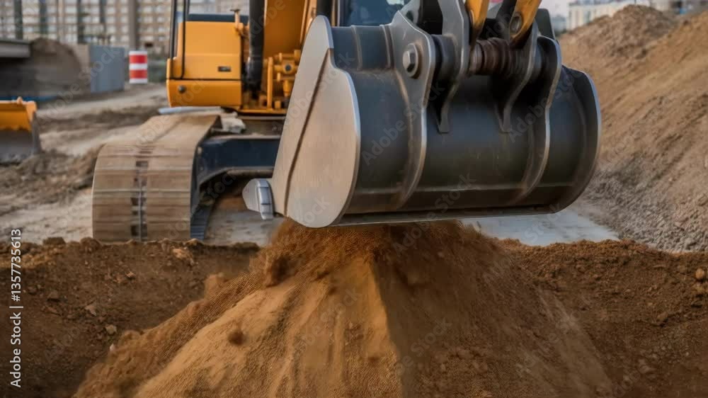 Aufkleber Medium closeup of hydraulic arms extending and retracting on an excavator demonstrating the precision needed to create a smooth compacted surface for future building.