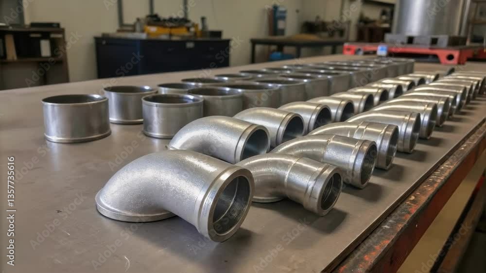 Poster medium closeup of metal duct fittings laid out odically on a workbench highlighting various shapes a