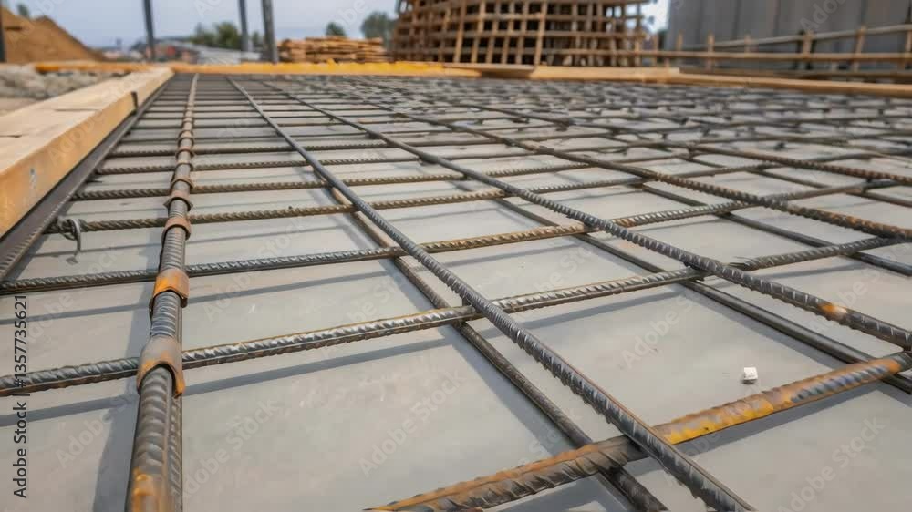 Aufkleber Medium closeup of large steel rebar grids being p into position for reinforcement within a concrete pour highlighting the critical structural components.
