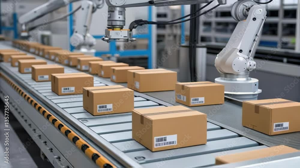 Poster Medium closeup of robots applying adhesive labels to packages detailing the precision and speed of label application in the production line.