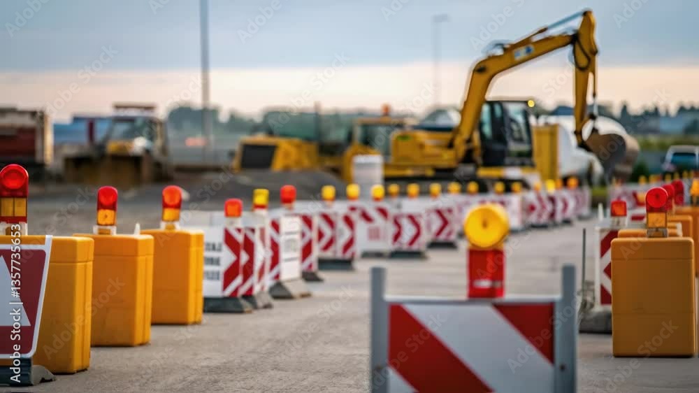Poster medium closeup of safety barriers and signs arranged around a construction zone with heavy machinery
