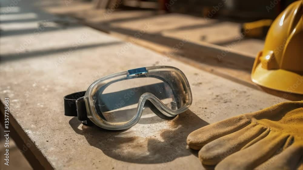 Poster medium closeup of safety equipment alongside the project site with goggles and gloves lying on a dus