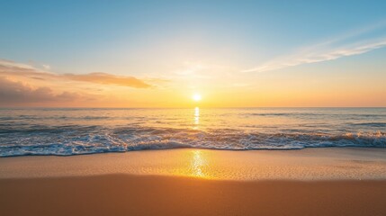 Fototapeta premium A serene beach scene at sunset, featuring gentle waves, golden sand, and a vibrant sky, creating a tranquil atmosphere.