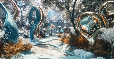 A digital garden with metallic trees and abstract organic shapes growing in a simulated virtual reality environment.