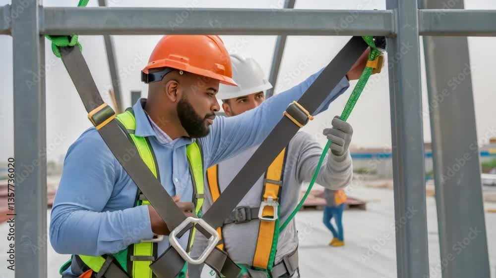 Aufkleber Medium closeup of two workers one holding a safety harness while the other demonstrates proper attachment techniques to a sy frame emphasizing safety protocols.