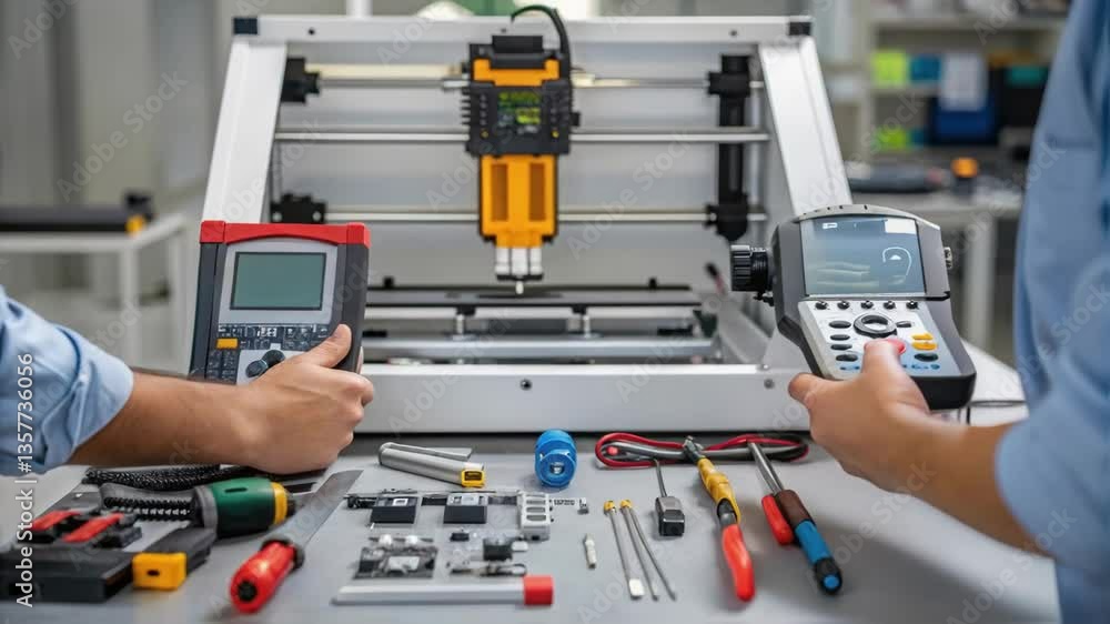 Aufkleber Medium closeup of workers calibrating automated machinery with tools and parts tered around illustrating the handson aspect of setting up hightech equipment.