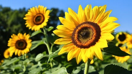 Fototapeta premium Vibrant sunflower field under a clear blue sky on a sunny day scenery