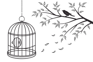 44 Minimalist illustration, bird cage opening, bird flying away, freedom concept, black and white sketch, simple linework, hanging cage, empty perch, single bird silhouette, negative space, metaphoric