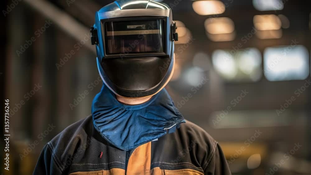 Poster protective clothing a medium closeup showing a welder adjusting their gloves and mask with reflectio
