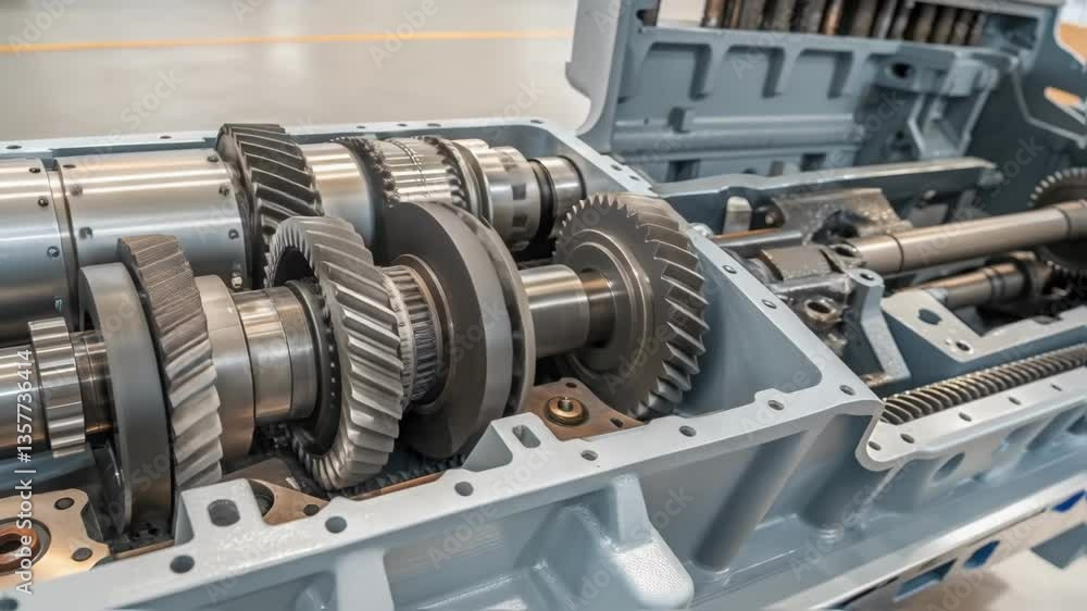 Poster the inner workings of the turbines gearbox in a medium closeup revealing polished gears and oil rese