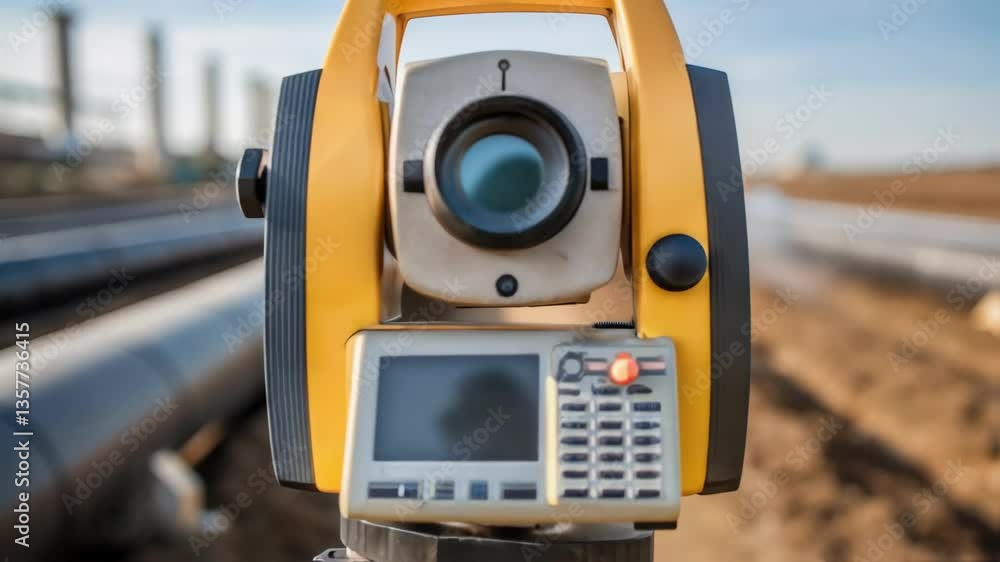 Poster Surveying the Land A medium closeup of an engineer using a total station to survey the pipeline route with long pipes in the background showcasing the planning aspect of the