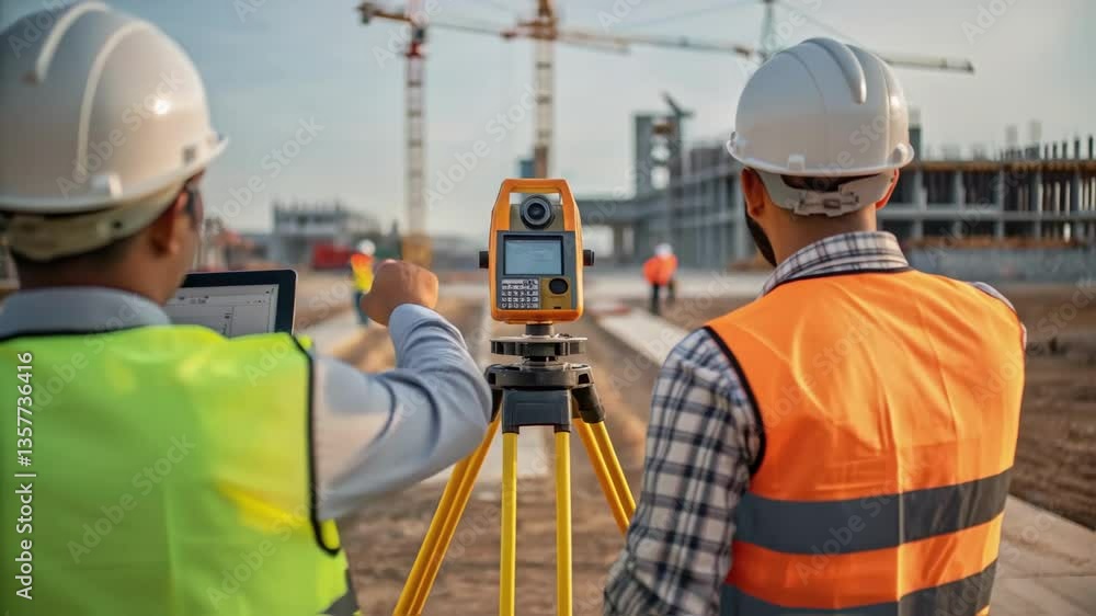 Poster Surveyors using specialized equipment to map out the construction area capturing the dynamic nature of their work as they gather essential data for the expansion.