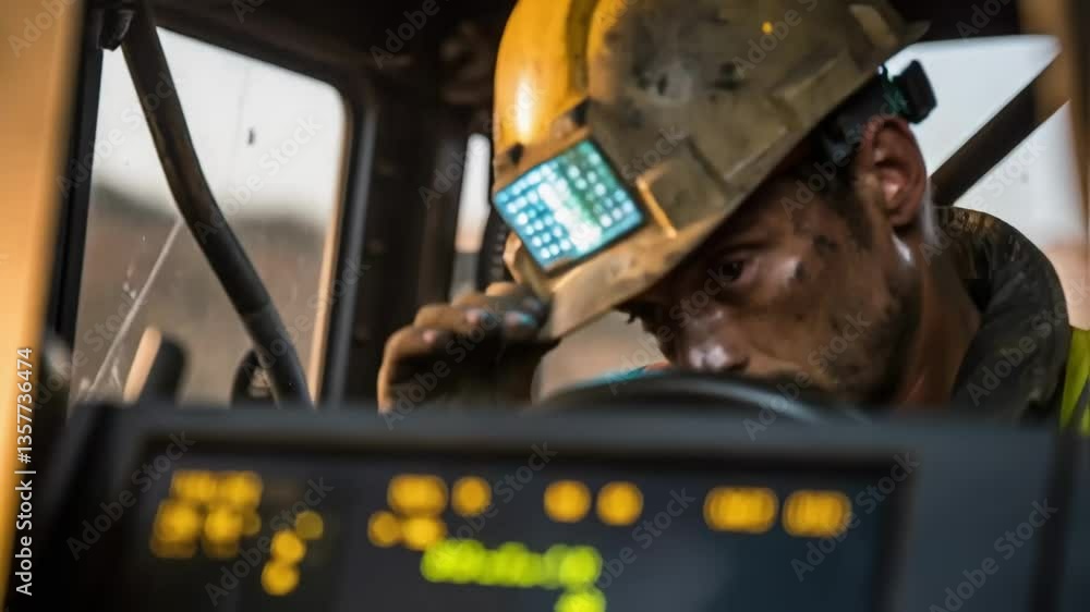 Leinwandbilder The operators face illuminated by the digital display of the control panel sweat glistening on their brow conveying the pressure and intensity of operating heavy machinery on a
