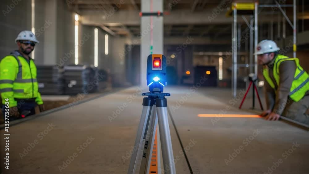 Poster workers using a laser level to ensure accuracy during installation the bright beam ting sharply thro