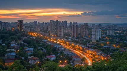 Naklejka premium Sunset cityscape panorama with illuminated highway curving through residential neighborhoods