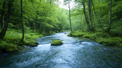 Obraz premium A serene river flows through a lush green forest, surrounded by vibrant foliage and moss-covered stones, creating a peaceful natural landscape.