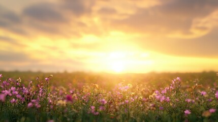 Obraz premium A vibrant field of flowers in full bloom under a golden sunrise, creating a serene and picturesque landscape.