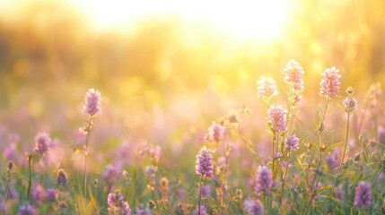 Fototapeta premium A serene meadow filled with blooming purple flowers, bathed in warm sunlight, creating a peaceful and vibrant atmosphere.