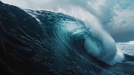 Obraz premium Oceanic power captured in a dynamic wave breaking against stormy sky