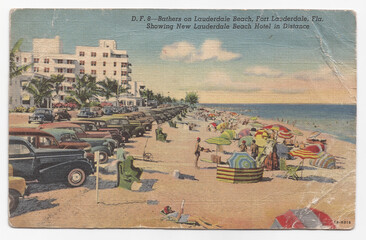 Bathers on Lauderdale Beach with New Lauderdale Beach Hotel - 1940s Fort Lauderdale Florida Postcard