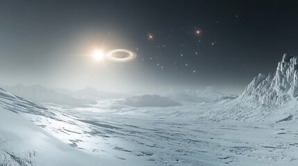 Distant exoplanet with icy rings orbiting a binary star system on a minimalist white background