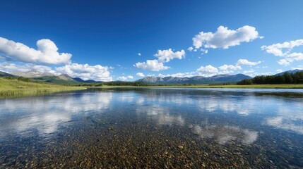 Fototapeta premium A serene landscape featuring a clear lake reflecting blue skies and fluffy clouds, surrounded by mountains and lush greenery.