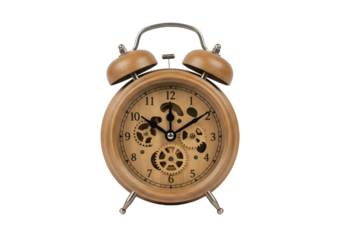Vintage wooden alarm clock with intricate gears and detailed face showcasing craftsmanship in a serene setting for home decor and time management needs