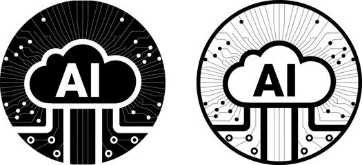 AI Cloud Circuit Icons: Black and White Set - Artificial Intelligence Cloud Symbol Variations - Tech Cloud AI Logos: Vector Design