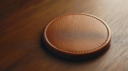 Brown leather coaster on wood.