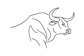 Line art drawing of a powerful bull, horned beast