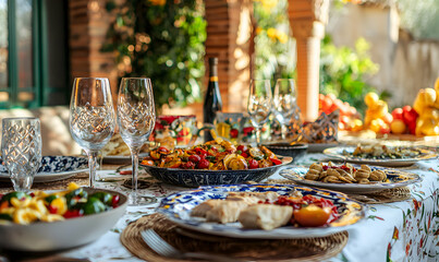 Naklejka premium Festive Outdoor Meal Showcasing Delicious Dishes and Elegant Glassware