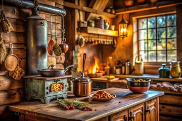 Rustic Kitchen Interior: Macro Shot of Wood Stove & Details