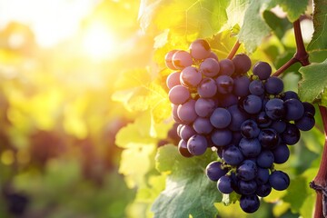 Fototapeta premium Sunlit vineyard grapes on the vine in a lush green vineyard