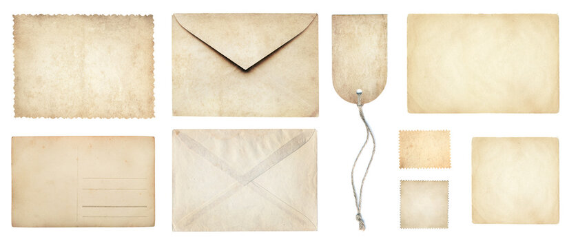 Old papers collection: letterhead, envelope, postcard, postage stamp, tag label, old paper blank isolated on white. Retro style design.