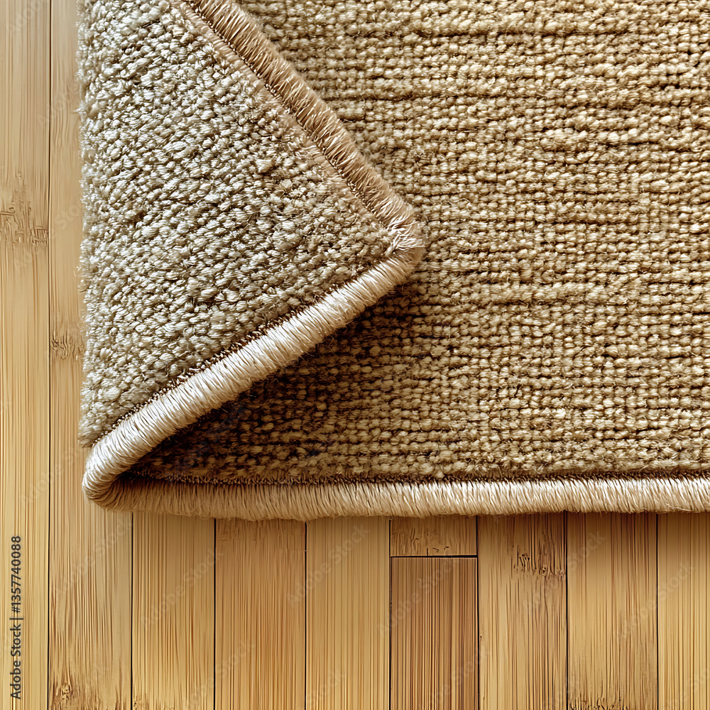 Poster close up view of beige and brown textured rug with curved corner, showcasing its soft fibers and det